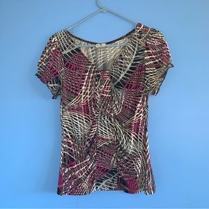 Worthington Comfortable Black, Pink, White Patterned Blouse with Ruching Detail